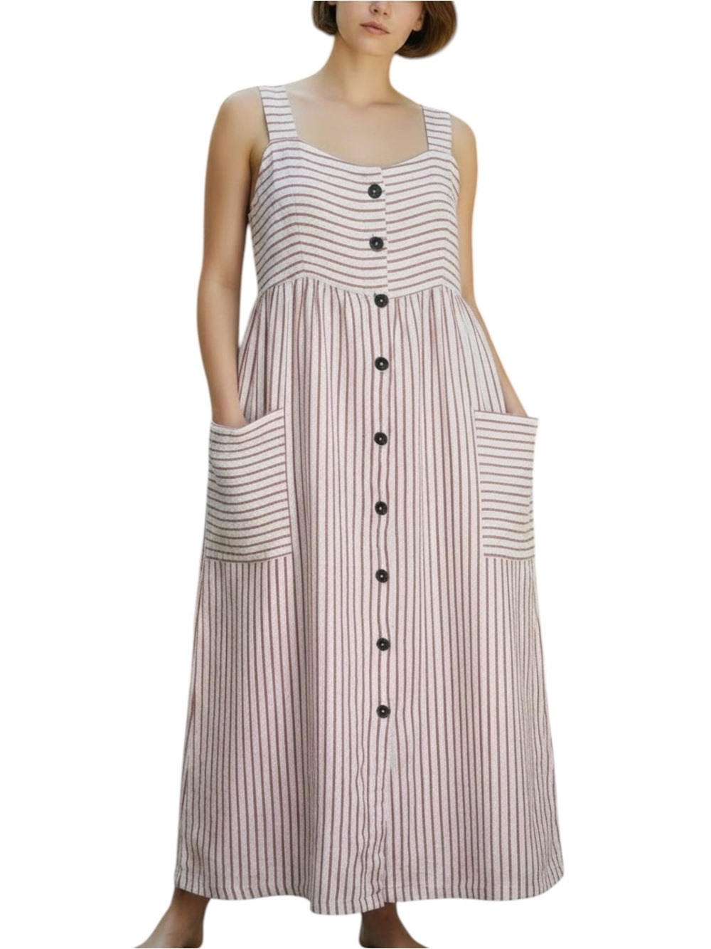 Artisan NY Ivory Red Striped Linen Full Button-up Sleeveless Maxi Dress - Size 8